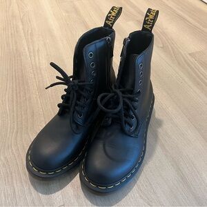 Dr. Martens Black Leather Lace-Up Combat Boots with Yellow Stitching